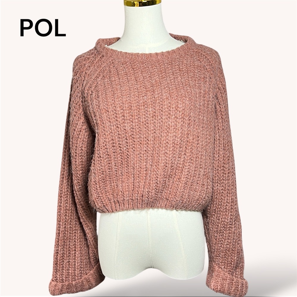 POL Womens Medium Knit Sweater Pink Long Sleeve Cropped Pullover Casual Cozy